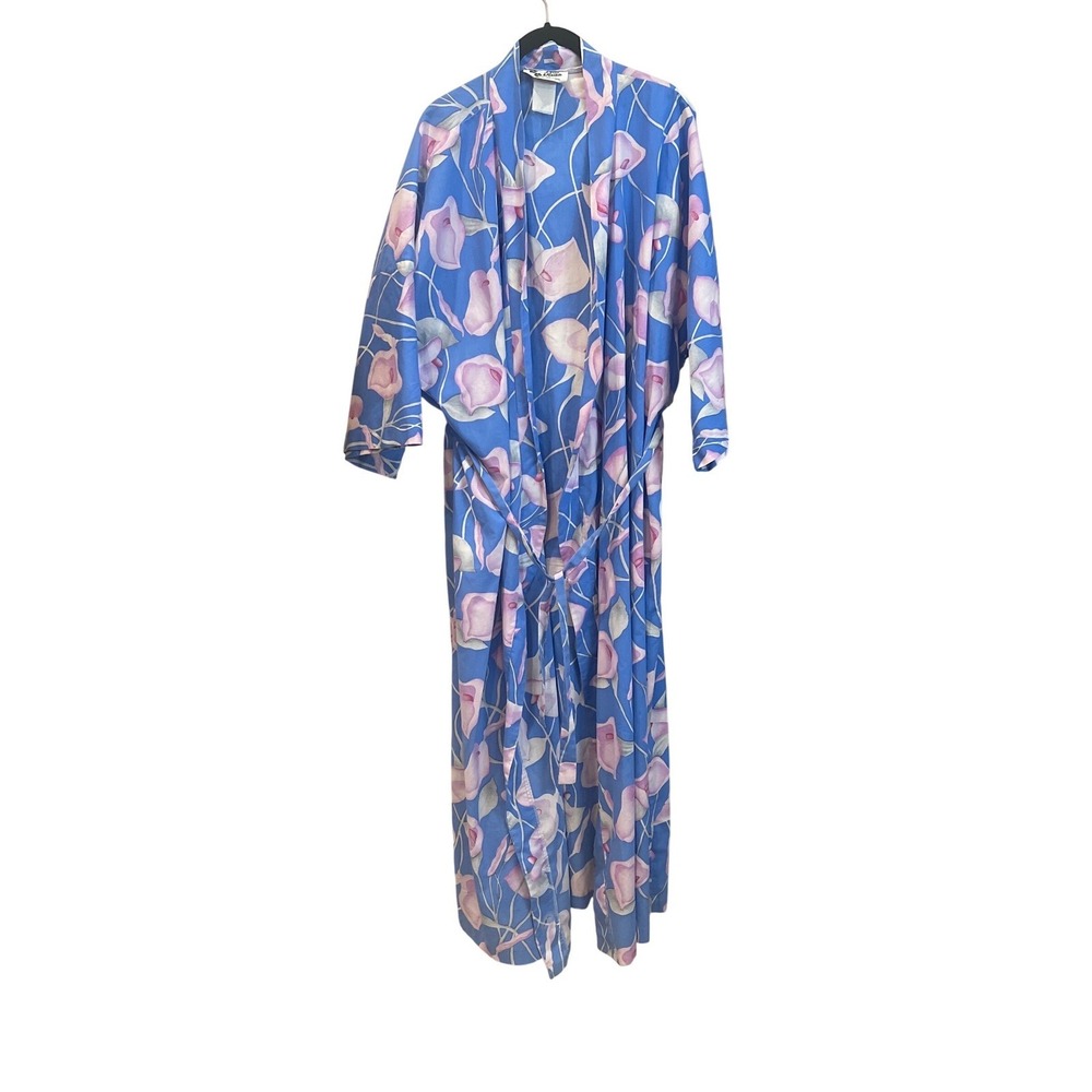Vintage Hilo Hattie Blue Floral‎ Long Robe Kimono Made in Hawaii OSFM - Picture 4 of 7